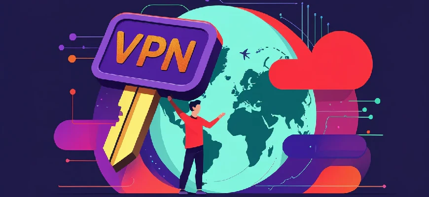 VPN для фриланса: иллюстрация фрилансера в цифровой крепости с ноутбуком, окружённого знаками VPN — замком, глобусом и порталом с яркими акварельными цветами