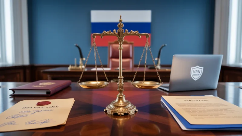Золотые весы правосудия на деревянном столе с российским флагом на фоне. Слева – документы с печатями, справа – ноутбук с VPN-щитом и папки законов.