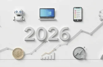 Композиция из десяти символов современного бизнеса, включая эко-символ, робота ИИ, экран с графиком курса, элементы доставки и приложений, на фоне восходящего графика и цифры 2026.