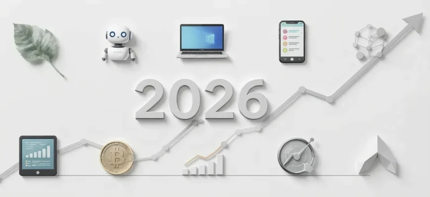 Композиция из десяти символов современного бизнеса, включая эко-символ, робота ИИ, экран с графиком курса, элементы доставки и приложений, на фоне восходящего графика и цифры 2026.