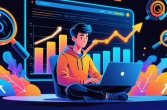 Молодой фрилансер работает за ноутбуком с SEO-аналитикой и графиками роста трафика