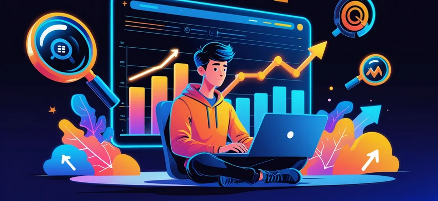 Молодой фрилансер работает за ноутбуком с SEO-аналитикой и графиками роста трафика