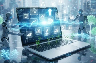 Перспективные направления онлайн-бизнеса 2026 года: футуристический цифровой ландшафт с голографическими иконками, AI-технологиями и экологическими символами