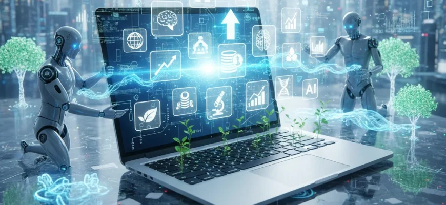 Перспективные направления онлайн-бизнеса 2026 года: футуристический цифровой ландшафт с голографическими иконками, AI-технологиями и экологическими символами