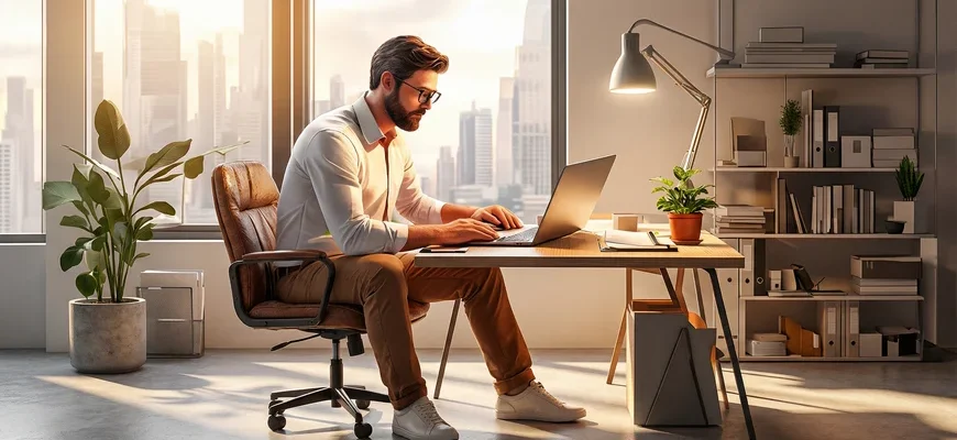 Мужчина работает за ноутбуком в современном офисе, зарабатывая на ресейл-продуктах в инфобизнесе