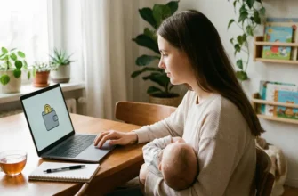 Спящий младенец на руках у мамы, которая спокойно работает за ноутбуком в уютной домашней обстановке — заработок в декрете без блога и публичности