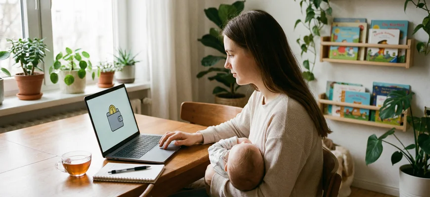 Спящий младенец на руках у мамы, которая спокойно работает за ноутбуком в уютной домашней обстановке — заработок в декрете без блога и публичности