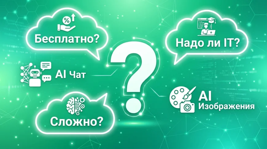 Вопросительный знак с иконками нейросетей и ответами