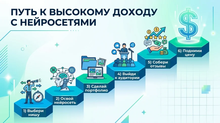 Пять иконок, символизирующих разные профессии студентов-заработков на нейросетях